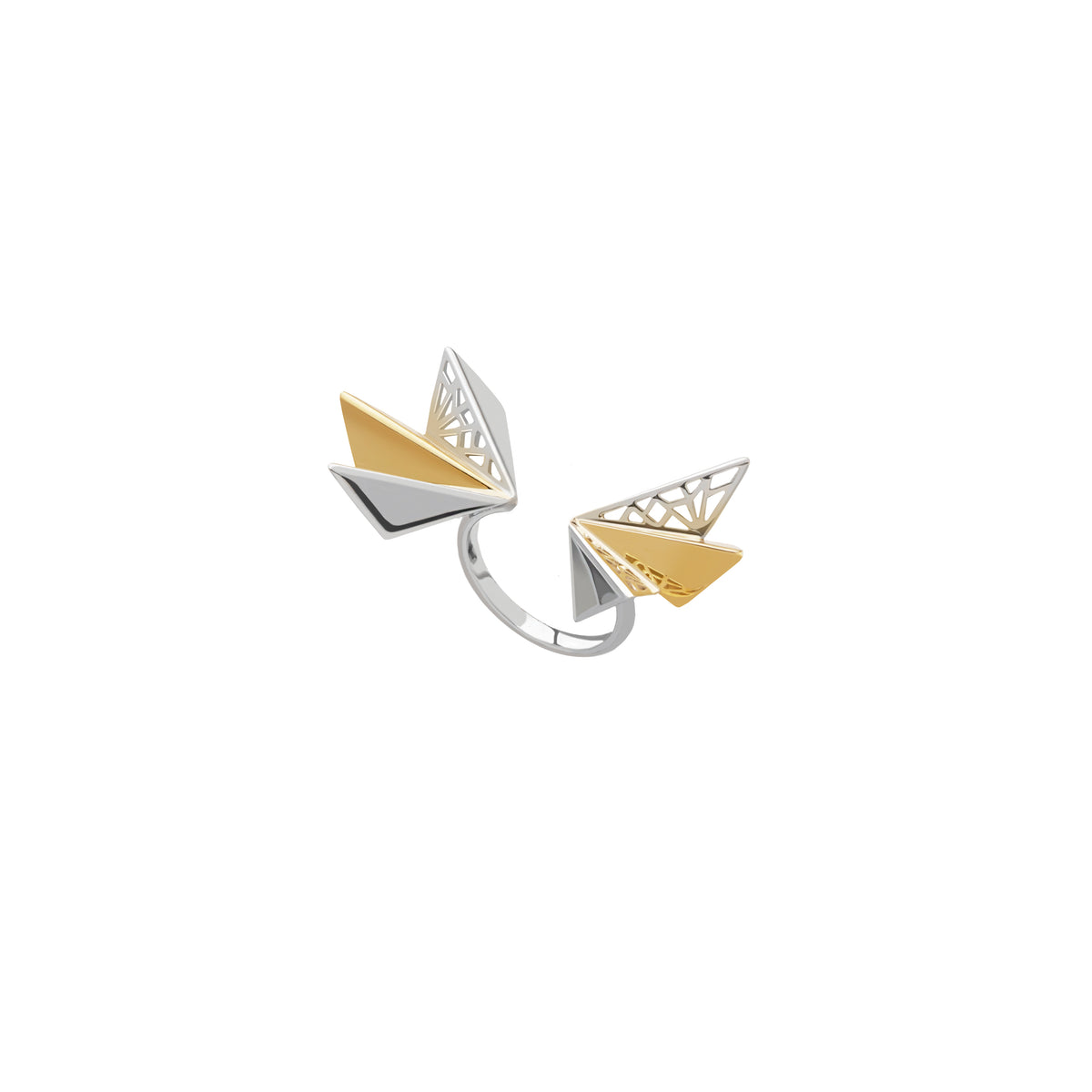 Double winged hand pierced open ring